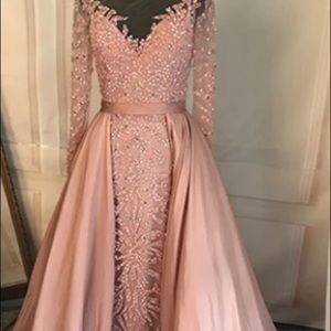 Pink Long Sleeve Evening Dresses with Overskirt